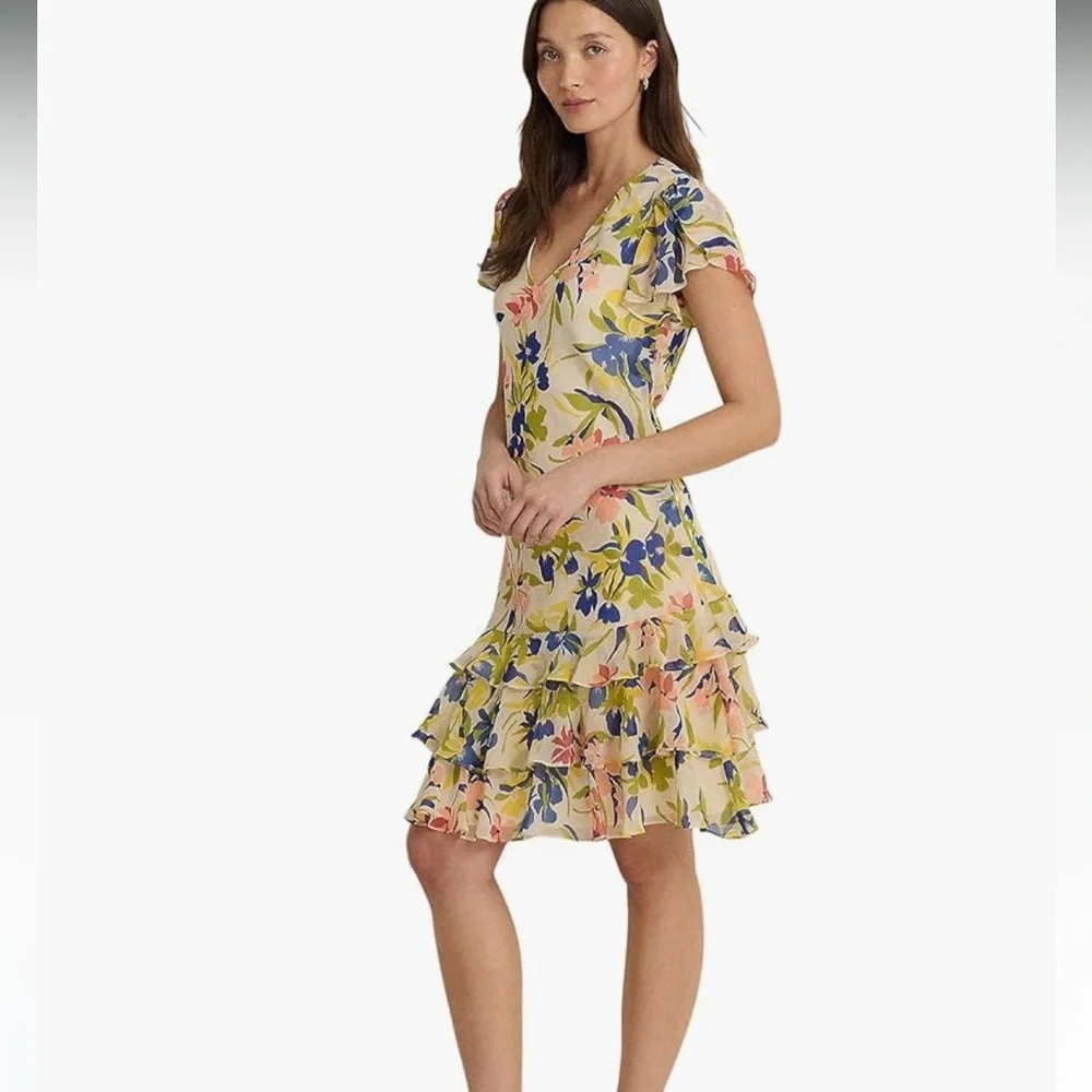 Ralph Lauren Floral Colorful Georgette Drop-Waist Dress Size 4 - Picture 13 of 14